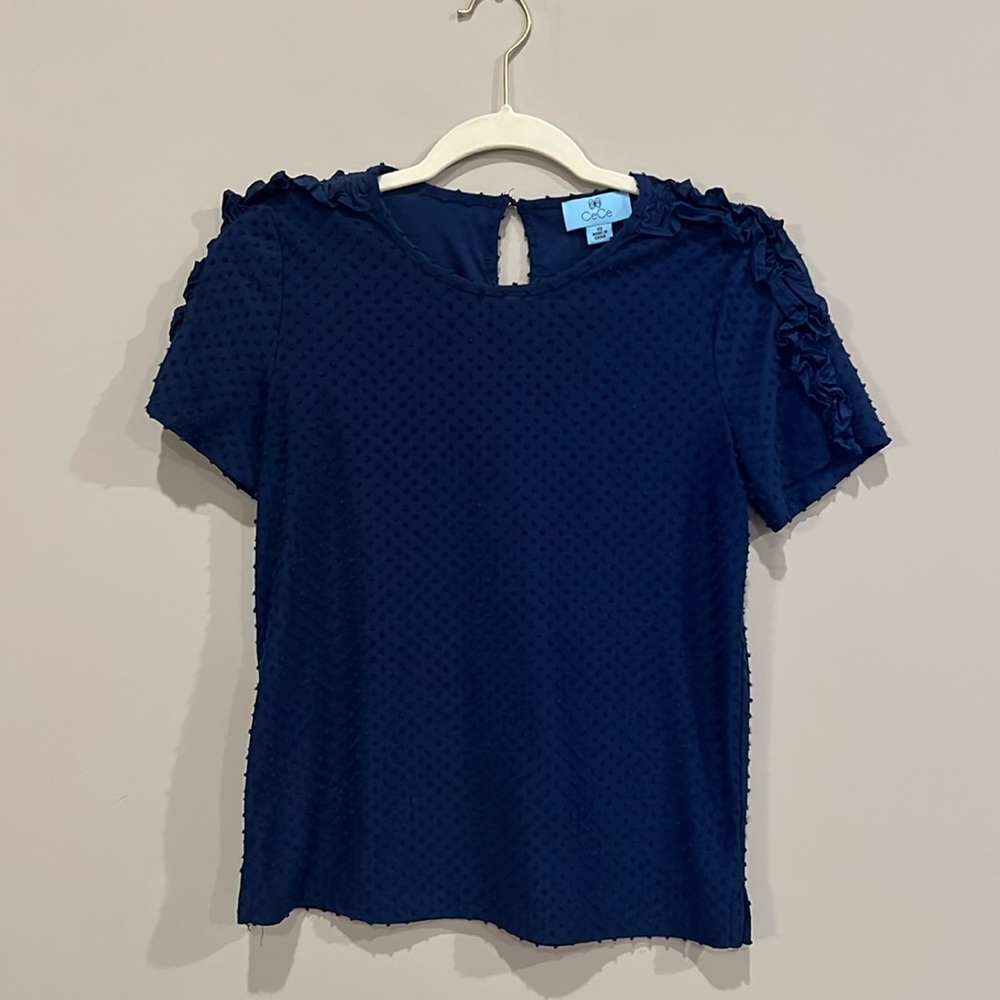 CeCe || Mixed Media Navy Clip Knit Top - Picture 2 of 7